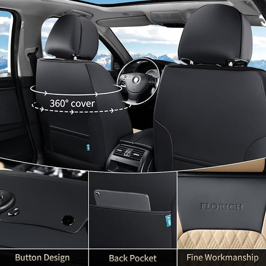 FLORICH Seat Covers, Car Seat Covers Front Seats, Luxury Nappa Leather Seat Covers, Breathable and Waterproof Car Seat Protector 2 Seat, Automotive Seat Covers Universal for Most Cars-Black&Beige