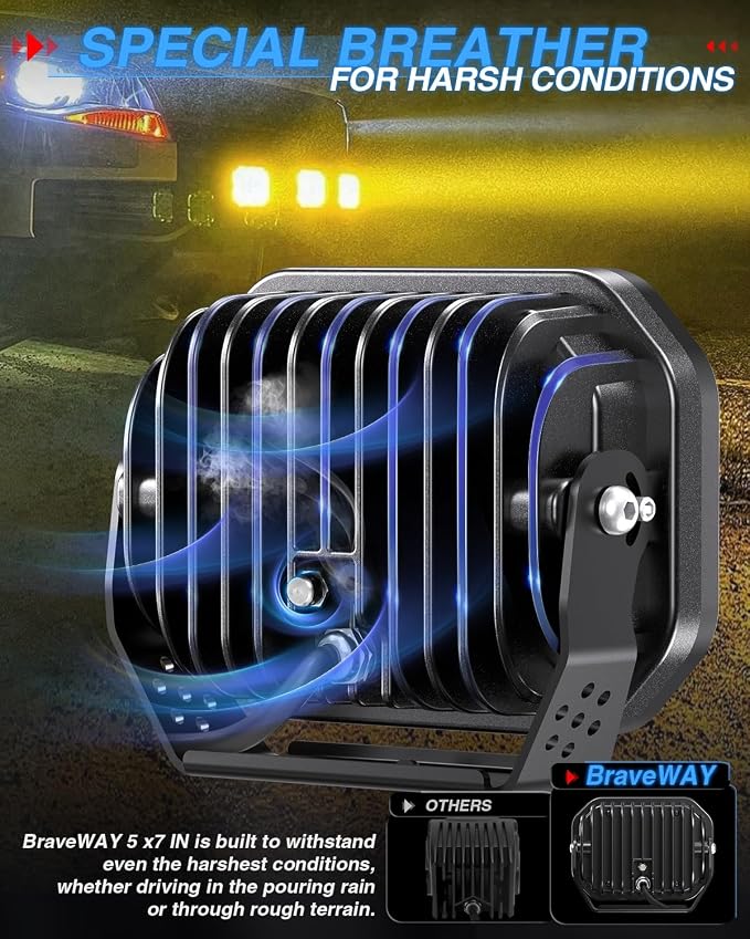 BraveWAY 5x7IN LED Driving Lights 125W 19800LM LED Offroad Lights with DRL Yellow Covers Spot Flood Combo Beam Light Pods Long Distance Output Work Light for Truck, 4WD, ATV, UTV, Pickup,Tractor