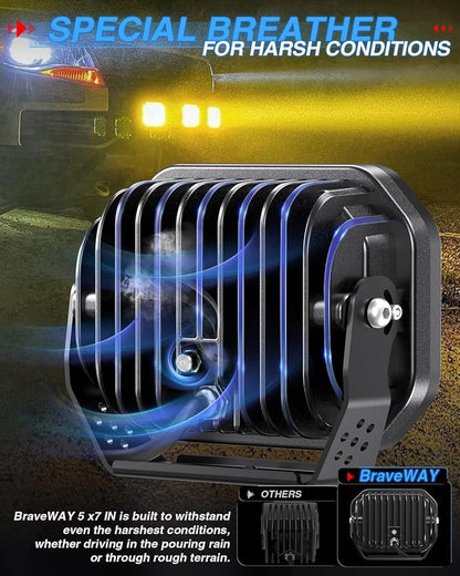BraveWAY 5x7IN LED Driving Lights 125W 19800LM LED Offroad Lights with DRL Yellow Covers Spot Flood Combo Beam Light Pods Long Distance Output Work Light for Truck, 4WD, ATV, UTV, Pickup,Tractor