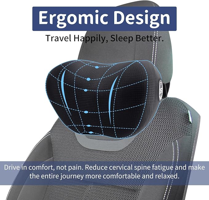 SPRFUFLY 2 Pack Car Headrest Pillow, Cloudlike Car Pillow with Adjustable Strap - 100% Memory Foam & Breathable Removable Cover, Ergonomic Design Car Neck Pillow for Driving(Includes 2 Eye Masks)