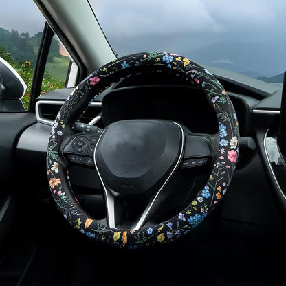 Multicolor Wildflower Steering Wheel Cover Auto Steering Wheel Protector, Anti-Slip, Breathable, Absorbing Sweat, Universal Floral Car Accessories 14.5–15 inch