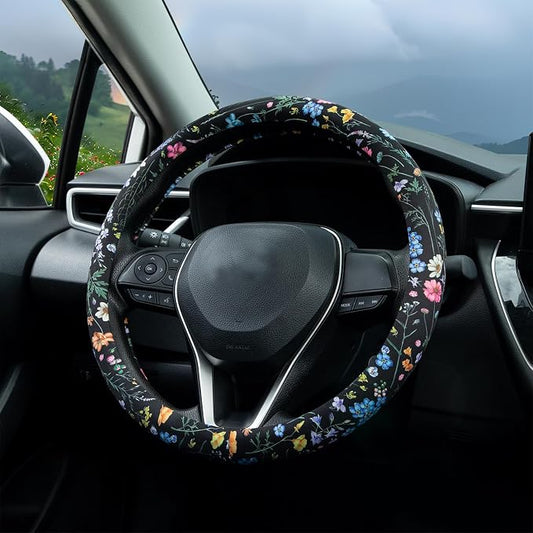 Multicolor Wildflower Steering Wheel Cover Auto Steering Wheel Protector, Anti-Slip, Breathable, Absorbing Sweat, Universal Floral Car Accessories 14.5–15 inch