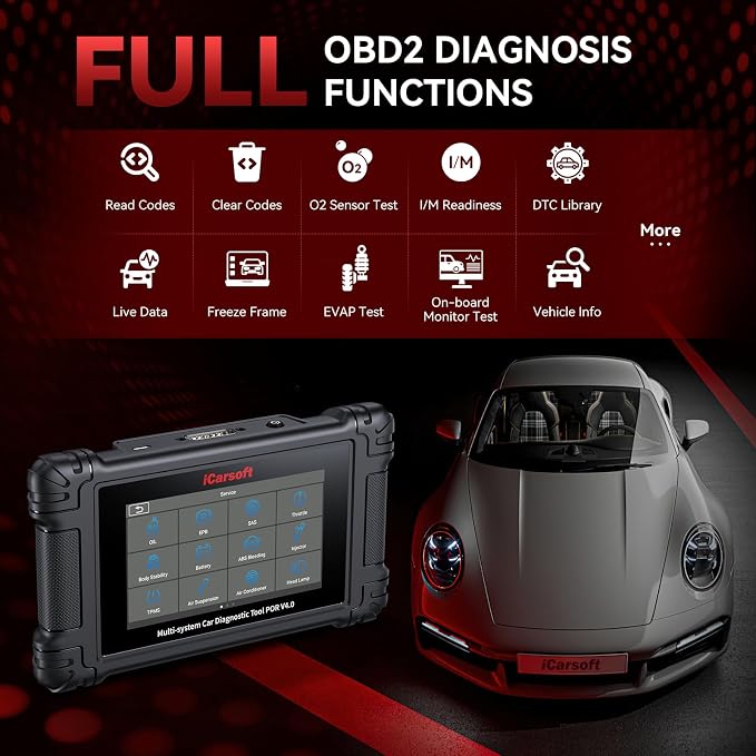 iCarsoft POR V4.0 Bidirectional Diagnostic Tool for Porsche + 2 Extra Car Brands, OBD2 Scanner with 1333 Test Items/ 29 Services (177 Subservices)/ 66 Extra Services/Battery Registration-Free Update