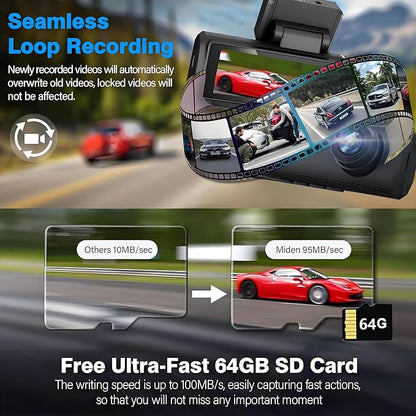 4K Dual Channel Dash Cam Front and Rear, Free 64GB Card Included, 5.8GHz WiFi Dash Camera for Cars, Built-in GPS, G-Sensor, 170°Wide Angle, 3" IPS Screen, 24H Parking Mode, Support 512GB Max