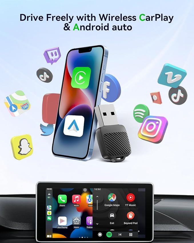 Spedal Mini Wireless CarPlay Adapter for iPhone, Compact 2-in-1 Android Auto Adapter with Fast Auto-Connect, Stable Low-Latency Wireless Performance, Plug & Play