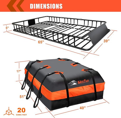 Roof Rack Cargo Carrier Basket 65"*39"*6"+Waterproof Bag 20 Cubic Feet(51"*40"*17"),and Cargo Net with Attachment Hooks,Ratchet Straps.200 Lbs Capacity,Universal Rooftop Large Size Roof Rack Update