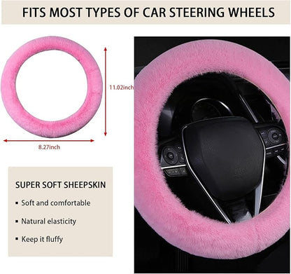 Ziciner Fuzzy Steering Wheel Cover, 15 inch Soft Wool Fur Steering Wheel Protector, Fluffy Wheel Covers for Winter Warm, Car Interior Decoration Accessories for Women Men (Pink)