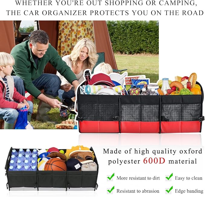 povtii Large Organizer for Car, 95L Stretchable Storage Trunk Organizer with Divided Compartments, Fixed Big Trunk Organizer with Handles & Adjustable Straps, Car Accessories (Black & Red)