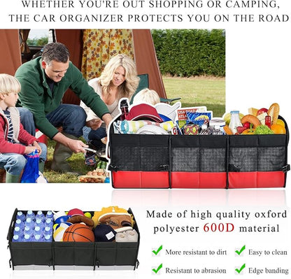 povtii Large Organizer for Car, 95L Stretchable Storage Trunk Organizer with Divided Compartments, Fixed Big Trunk Organizer with Handles & Adjustable Straps, Car Accessories (Black & Red)