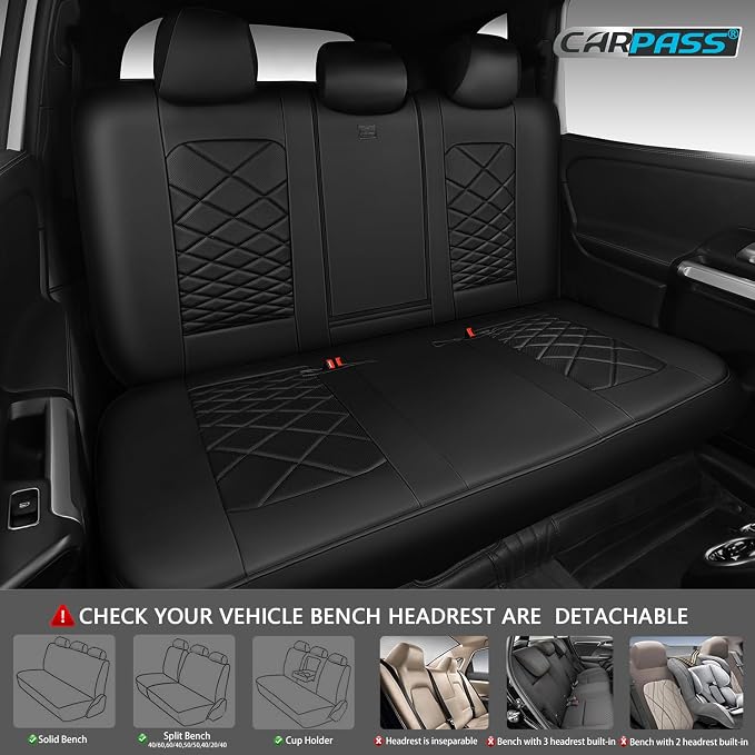 CAR PASS Luxury Nappa Leather Back Seat Covers, Piping Water Resistant Premium Perforated Leather Rear Bench Seat Covers, Breathable Backseat Cover Universal Fit for Most Sedan SUV Van Truck, Black