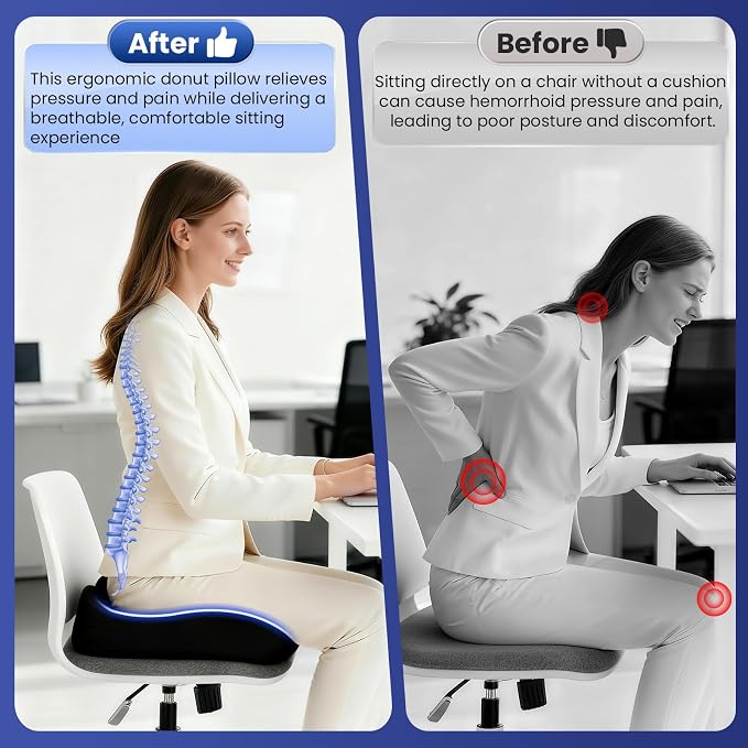 Donut Pillow Seat Cushion for Tailbone Pain Relief and Hemorrhoid – Memory Foam Ergonomic Office Chair Cushion for Home, Office, Car, Gaming, Pregnancy,– Comfortable, Breathable, and Washable