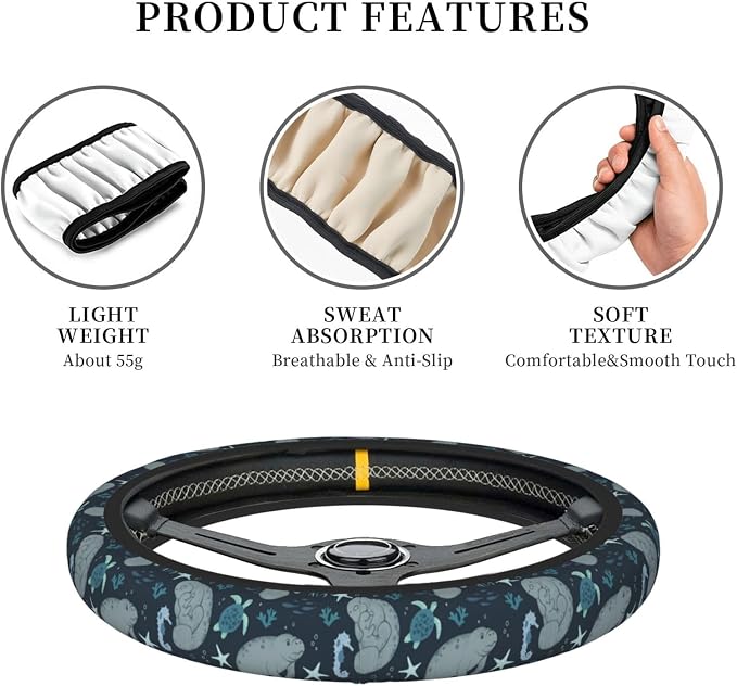 Manatees Steering Wheel Cover Anti-Slip,Sweat Absorption Universal 15 inch Steering Wheel Covers Cute car Accessories for Men Women