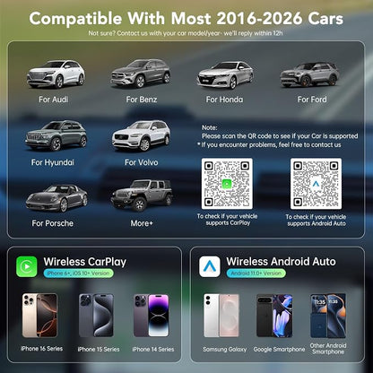 Wireless CarPlay Adapter 2026, 2-in-1 Convert Factory Wired CarPlay & Android Auto to Wireless, Plug and Play, Auto Reconnect, Compatible with iPhone & Android Phones, USB/USB-C, Light Grey