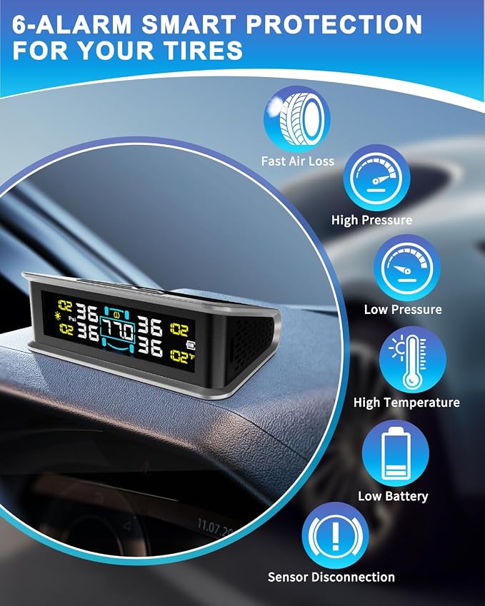 RV Tire Pressure Monitoring System (TPMS) - TPMS Sensors Set of 4 with 6 Alarm Modes | Solar/USB Charger | LCD Display | for RV/Truck/SUV/MPV/Sedan