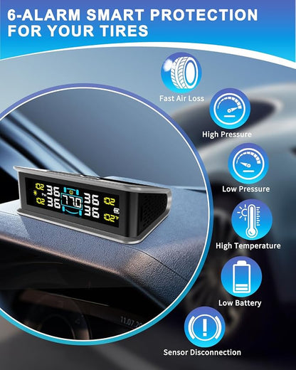 RV Tire Pressure Monitoring System (TPMS) - TPMS Sensors Set of 4 with 6 Alarm Modes | Solar/USB Charger | LCD Display | for RV/Truck/SUV/MPV/Sedan