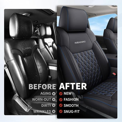 Huidasource Dodge Ram Seat Covers Full Set, Full Coverage Waterproof Leather Pickup Truck Seat Cushion Protector Fit for 2009-2018 1500, 2010-2025 2500/3500 Crew Mega Cab(Full Set/Black&Blue)