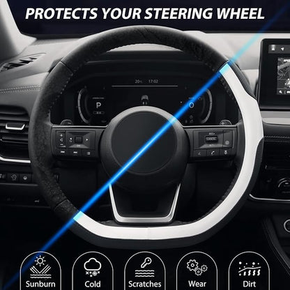 SEG Direct Flat Bottom Steering Wheel Cover, D Shaped Car Wheel Cover 14 1/2-15 in. (37-39 cm), Black White Microfiber Leather