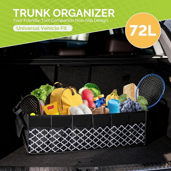 MIU COLOR Trunk Organizer for SUV, Car Organizer, Collapsible Trunk Organizer for Car, Non-Slip Storage Organizer for Sedans, Van, Jeep, Grocery, Large 4 Compartments, Black Grid 32"×13"×12"