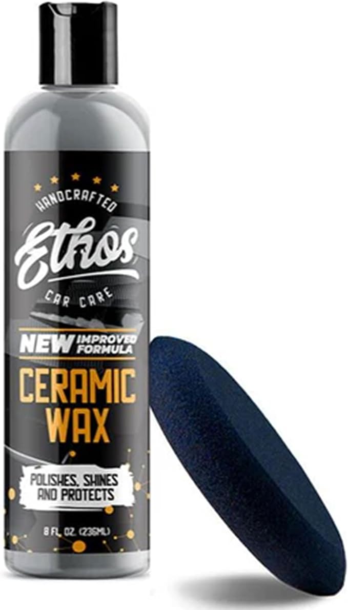 Bottle of Ethos ceramic wax with a black applicator pad on a white background