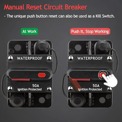 3 Pack 50A Auto Car Stereo Audio Circuit Breaker Fuse 12-48VDC Manual Reset Button Switch Fuses, with Wire Lugs Copper Washer