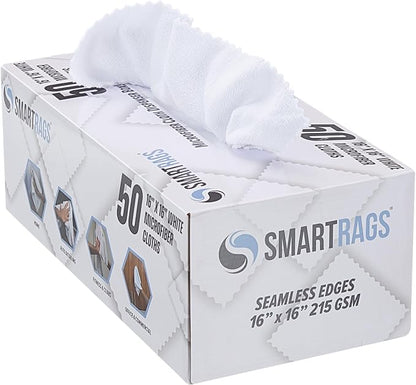 Arkwright Smart Rags Microfiber Cleaning Cloths, Pack of 50 in a Box, Lint Free 215 GSM Reusable Towels for Auto, Office and Household Cleaning, 16 x 16 in, White