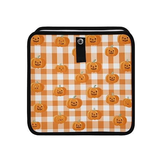 Car Trash Can Organizer Bin with Adjustable Strap for Back Front Seat Console Waterproof Leakproof Collapsible Portable 8.66 Inch Halloween Orange Plaid Pumpkin Heads