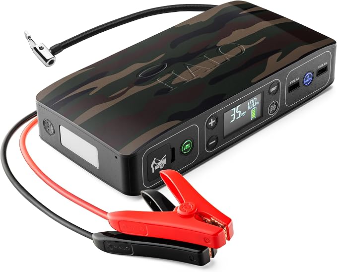 HALO Bolt Air 58830 Portable Car Battery Jump Starter | 100 PSI Air Compressor, 58.8Wh USB Power Bank, Emergency Floodlight & Charger, Jumps Cars SUVs & Trucks, Inflates Tires, TSA Approved — Camo