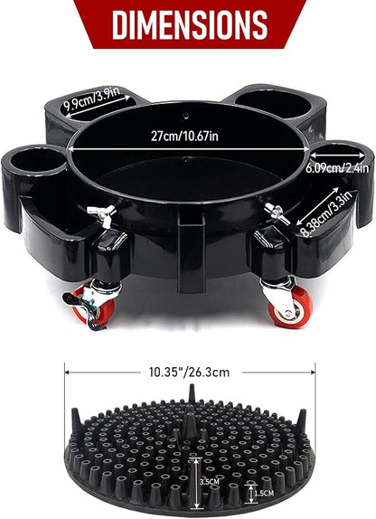 Car Wash Bucket Dolly, 5 Gallon Bucket Grit Trap, Removable Bucket Dolly, Rolling Bucket Dolly with Side Organizer for Storing Spray Bottles and Detailing Kits, Suitable for Workshop Car Washing