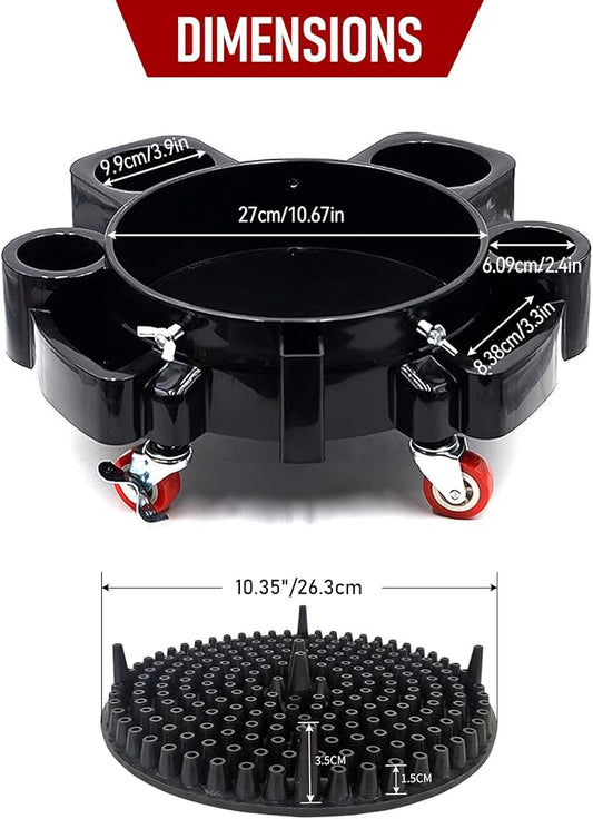 Car Wash Bucket Dolly, 5 Gallon Bucket Grit Trap, Removable Bucket Dolly, Rolling Bucket Dolly with Side Organizer for Storing Spray Bottles and Detailing Kits, Suitable for Workshop Car Washing