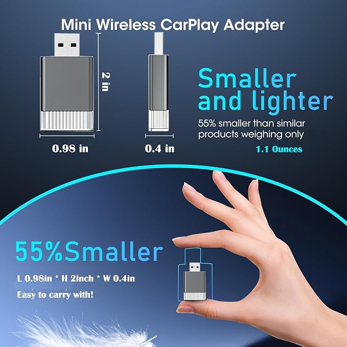 2in1 Mini Wireless Carplay Adapter for Apple iPhone & Android Auto,Plug in Auto Play Wired to Wireless Small Dongle Car Adapter for Cars 2016+ Toyota/Honda/Cadillac/Ford/Chevrolet/Jeep