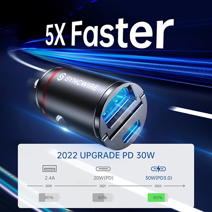 USB C Car Charger Syncwire 60W [PD 30W & QC 30W] USB Car Charger Adapter Fast Charging [Super Mini & All Metal] for iPhone, Samsung, Google Pixel, XiaoMi, Huawei, LG, iPad Road Trip Essentials