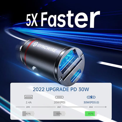 USB C Car Charger Syncwire 60W [PD 30W & QC 30W] USB Car Charger Adapter Fast Charging [Super Mini & All Metal] for iPhone, Samsung, Google Pixel, XiaoMi, Huawei, LG, iPad Road Trip Essentials