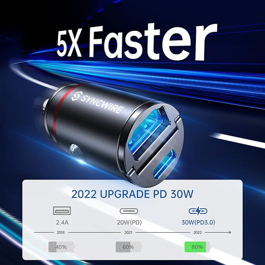 USB C Car Charger Syncwire 60W [PD 30W & QC 30W] USB Car Charger Adapter Fast Charging [Super Mini & All Metal] for iPhone, Samsung, Google Pixel, XiaoMi, Huawei, LG, iPad Road Trip Essentials