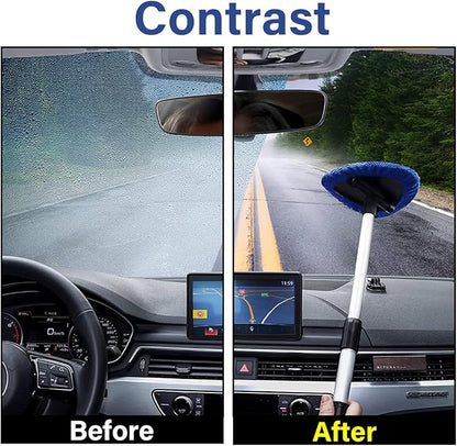 Windshield Cleaning Tool, Car Window Cleaner with 4 Washable Reusable Microfiber Pads, Extendable Long Handle Glass Wiper Cleaning Kit, Auto Accessories Universal for Office and Home (Blue)