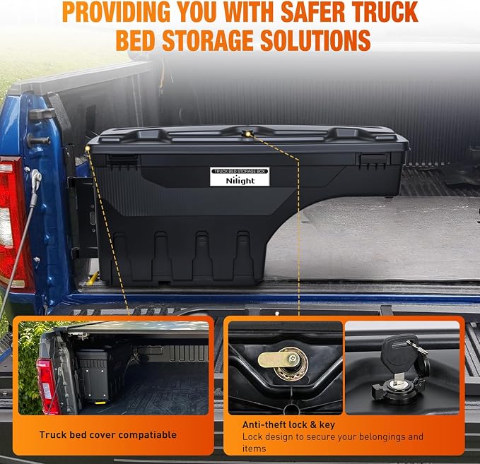 Nilight Truck Bed Tool Box Left Drivers Side Tool Boxes Fit for Ford F-250/350 Super Duty 1999-2016 ABS Swing Case Truck Storage Box with Lockable Lid Waterproof Wheel Well Toolbox for Truck Bed
