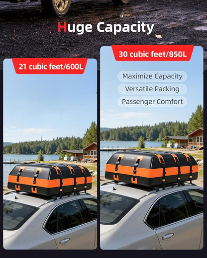 Abahub 30 Cubic Feet Waterproof 840D Large Universal Car Cargo Roof Top Carrier Bag, Car Roof Topper Storage for SUV, Van, Vehicle Travel, for All Cars with/Without Rack