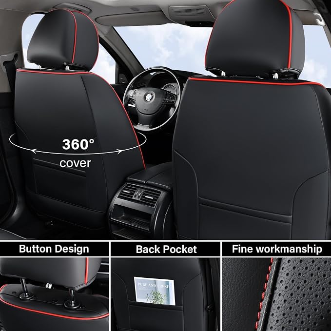 Coverado Car Seat Covers, Front Seat Cover, Waterproof Nappa Leather Seat Covers for Cars, 2 Pack Car Seat Protectors, Driver Seat Cover, Automotive Seat Covers Universal Fit for Most Cars, Black&Red