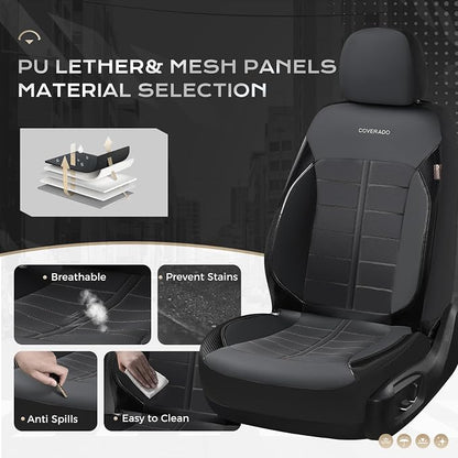 Coverado Front Seat Leather Covers, Full Leather Construction with Carbon Fibre Weave, Universal Fit for Most Cars SUV Trucks (Black)