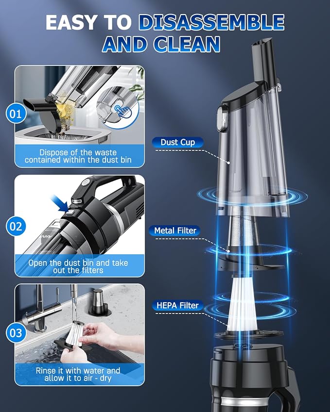 AHNR Handheld Vacuum Cordless, 16000PA Powerful Suction Hand Held Vacuum Cordless Rechargeable with LED Light & 2 HEPA Filters, Portable Car Vacuum Cleaner High Power for Car Home Office