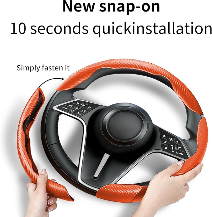 Carbon Fiber Steering Wheel Cover, 3-Piece Set Anti-Skid Comfortable Grip Segmented Butterfly Design, Easy Snap-On Installation Universal Fit 99% Cars, Orange