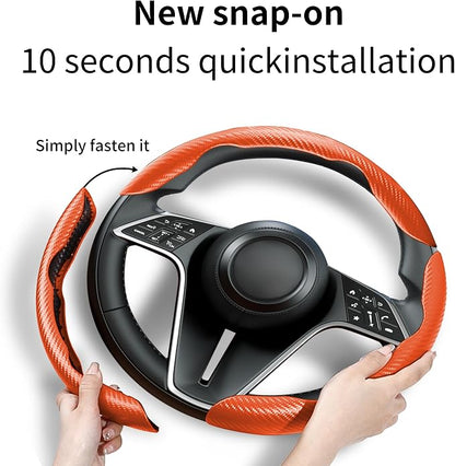 Carbon Fiber Steering Wheel Cover, 3-Piece Set Anti-Skid Comfortable Grip Segmented Butterfly Design, Easy Snap-On Installation Universal Fit 99% Cars, Orange