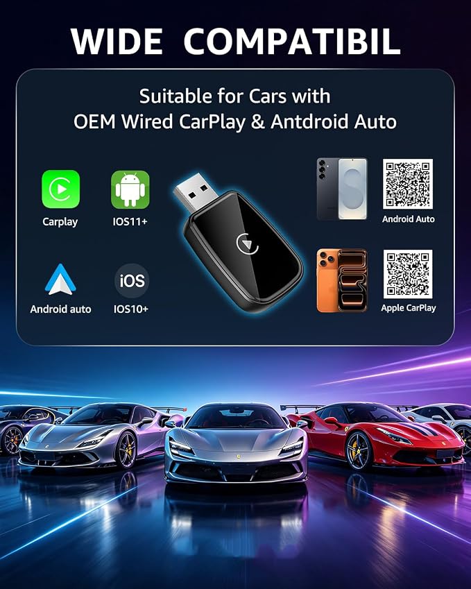 4 in 1 Wireless CarPlay Adapter Car Screen Mirroring Adapter for Apple iPhone& Android, Convert Wired CarPlay to Wireless, Stable Control & No Delay Latency, Plug and Play