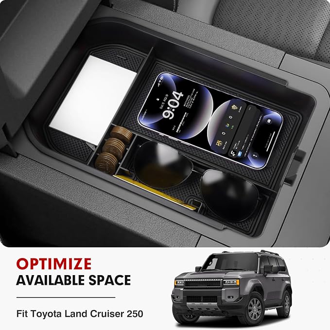 Autorder Center Console Organizer for 2024 2025 2026 Toyota Land Cruiser 250 Prado J250 LC250 Accessories Armrest Storage Box Secondary Insert Tray with Black & Red Silicone Mats(Not for Cool Box)