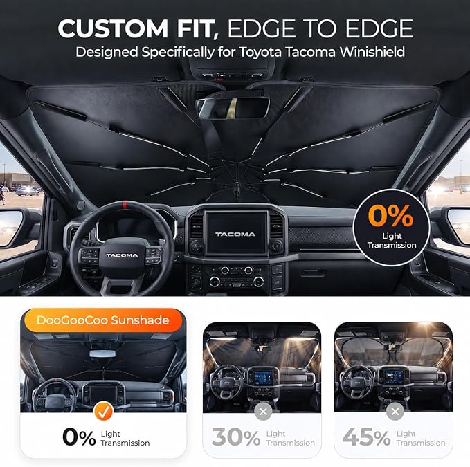 [2026 Upgraed] DooGooCoo Windshield Sun Shade Umbrella for Toyota Tacoma [100% Sunlight Blocked, Ice Crystal Cool] Sunshade for Car Windshield for Tacoma Sun Shade 2016-2026, Custom Fit for Tacoma.