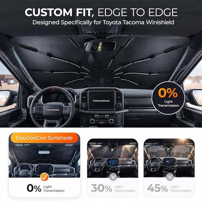 [2026 Upgraed] DooGooCoo Windshield Sun Shade Umbrella for Toyota Tacoma [100% Sunlight Blocked, Ice Crystal Cool] Sunshade for Car Windshield for Tacoma Sun Shade 2016-2026, Custom Fit for Tacoma.