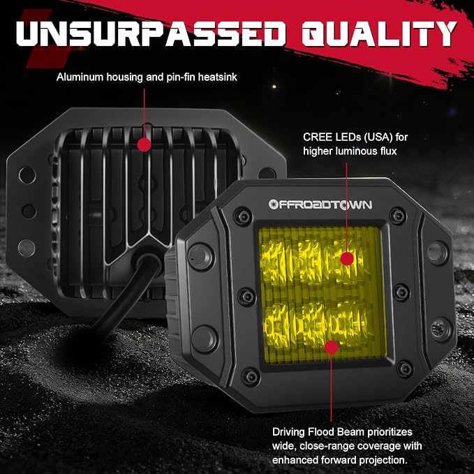 Flush Mount LED Pods Amber, OFFROADTOWN 5'' 12,000LM CREE LED Driving Lights Yellow Fog Light Backup Chase Lights Off Road Flush Bumper Light Bar for Truck Pickup UTV ATV Boat 4x4 Car - Driving Flood