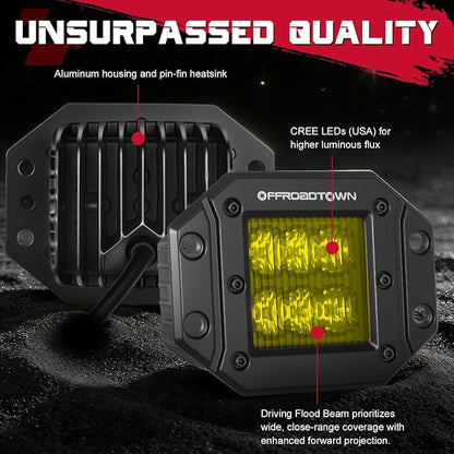 Flush Mount LED Pods Amber, OFFROADTOWN 5'' 12,000LM CREE LED Driving Lights Yellow Fog Light Backup Chase Lights Off Road Flush Bumper Light Bar for Truck Pickup UTV ATV Boat 4x4 Car - Driving Flood