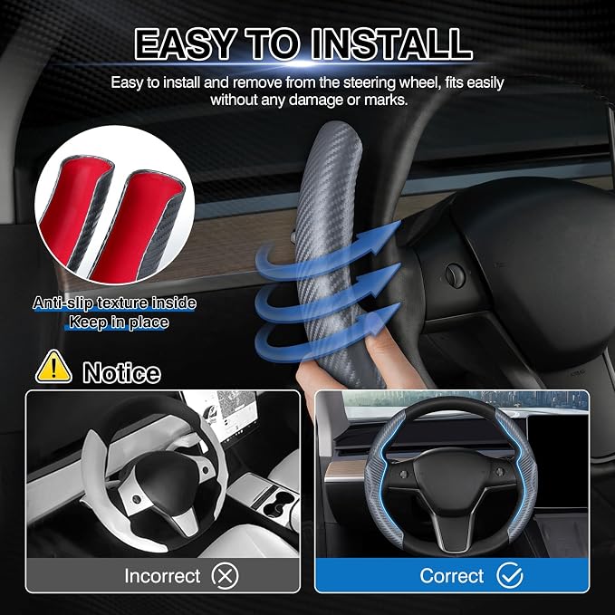 Canvcle Steering Wheel Cover for Tesla Model 3/Y 2016-2025 2026 Highland/Juniper Accessories Carbon Fiber Steering Wheel Cover Protector Non-Slip, Comfortable, Breathable, Model 3/Y Accessories, Gray