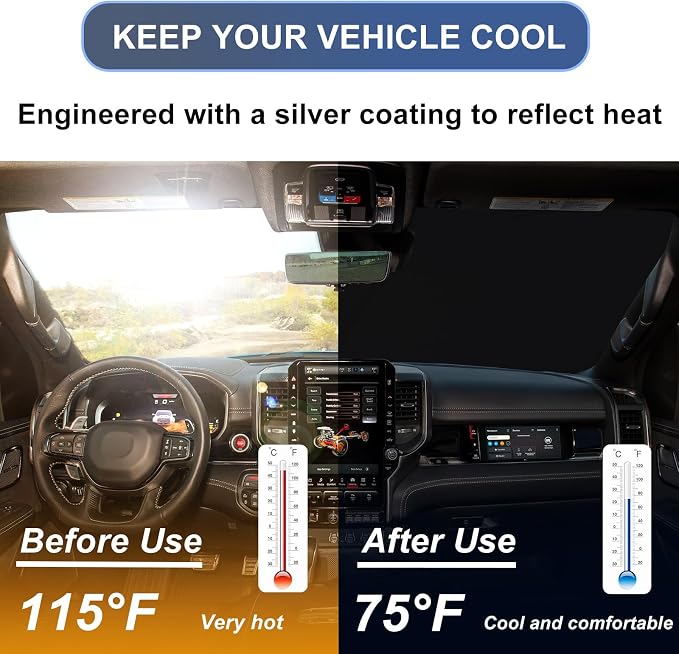 Windshield Sun Shade Compatible with 2019-2026 Dodge RAM 1500, Custom Fit Foldable Sun Visor 310T UV Heat Block