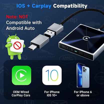 Wireless CarPlay Adapter for iPhone, Super mini Compact 2-in-1 Dongle for Apple iOS 10+, Convert Wired to Wireless CarPlay, Instant Connectivity, Fit for Cars from 2016 with Built-in CarPlay
